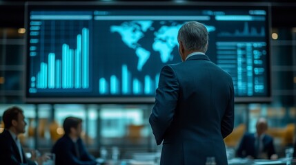 Poster - Businessman Reviewing Global Market Data on Large Screen Display in Conference Room