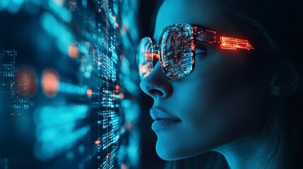 Woman with futuristic glasses viewing digital data stream innovative technology concept