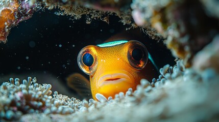 Aufkleber - A lively clownfish curiously glances from its cozy coral shelter, surrounded by intricately textured anemones and the vibrant colors of the ocean depths