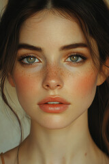 Poster - Softly lit frontal pose: subtle hex geometry shifting across the face, highlighting subtle dryness or texture patches,