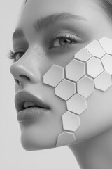 Poster - Understated conceptual beauty image where each hexagon appears like a diagnostic lens over the modelâ€™s cheek, all on a quiet gray tone,