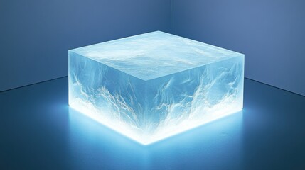 Poster - Illuminated ice cube in minimalist blue room conveying coolness concept