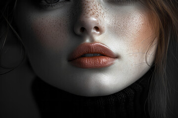 Aufkleber - Elegant minimalism: just the lower half of the face visible with hex shapes delineating the chin contour, set on a muted background,