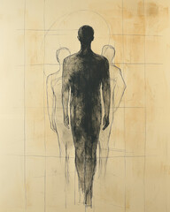 Leinwandbilder - Loose line drawings of various body proportions orbiting a central minimalist silhouette on a warm cream setting,