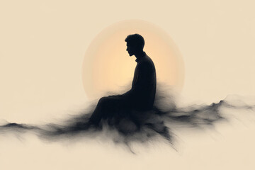 Aufkleber - Minimal geometry of circles and curves symbolizing body parts, gently rotating around a stylized human silhouette on a faint beige,