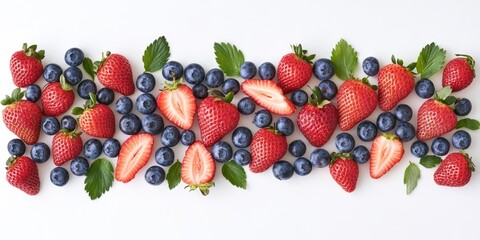  Fresh strawberries and blueberries arranged beautifully on a white background, showcasing the vibrant colors and textures of strawberries and blueberries in a delightful presentation.