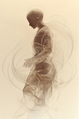 Leinwandbilder - Tiny, delicate lines highlighting different body parts, arranged in an orbit-like pattern around a basic human outline on a cream canvas,