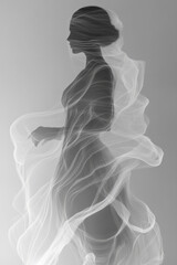 Leinwandbilder - Interwoven single-line motifs capturing simplified body fragments, swirling around a calmly posed human shape on a soft gray base,