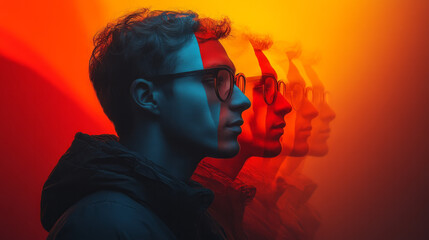 Poster - A minimal composition of repeated gray silhouettes in profile, with one saturated figure turning toward the viewer,