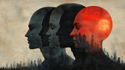 Aufkleber - A minimal composition of repeated gray silhouettes in profile, with one saturated figure turning toward the viewer,