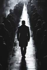 Poster - A linear queue of dull silhouettes, each a shade of gray, and one dynamic figure bursting with color in mid-step,