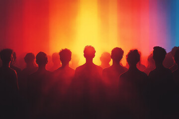 Poster - Crowd of subtle silhouettes filling the lower half of the image, from which one colorful shape rises upward,