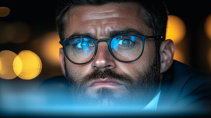 Poster - Night Focus: Concentrated businessman working late