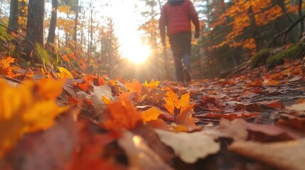 Wall Mural - Mesmerizing Autumn Woodland Pathway with Vibrant Foliage at Sunset