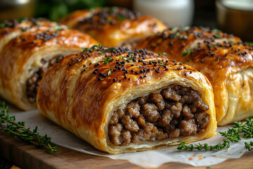 Wall Mural - Golden Brown Savory Meat Pastries with Flaky Puff Pastry Crust