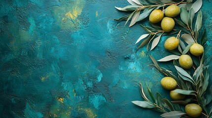 Sticker - Olive branches with ripe olives arranged on a vibrant teal background