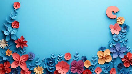 Sticker - Colorful paper flowers create a vibrant border against a blue background for decoration