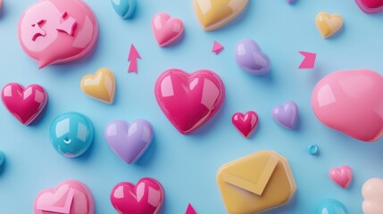 Wall Mural - Floating 3D chat bubbles, hearts, and arrows create a lively interaction on a blue background. Generative AI