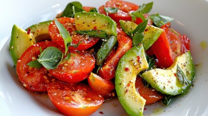 Wall Mural - Colorful and Healthy Vegetable Salad on a White Plate with Avocado Slices and Fresh Herbs