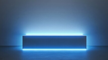 Poster - Minimalist blue lit bench with neon glow against grey background