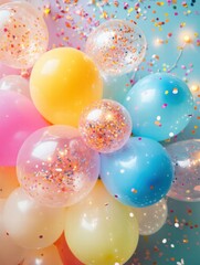 Poster - Colorful balloons and confetti create a festive atmosphere for celebrations and joyful gatherings. Generative AI