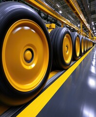 Poster - Conveyor Belt of Rotating Yellow and Black Tires in a Factory Setting