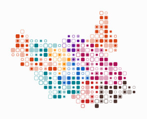 Poster - South Sudan, shape of the country built of colored cells. Digital style map of South Sudan on a white background. Large size rounded square blocks. Vibrant vector illustration.