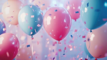 Poster - Bright and colorful balloons with confetti and party lights create a festive atmosphere for joyful celebrations. Generative AI