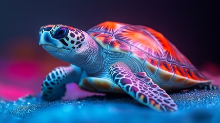 Aufkleber - A turtle gracefully navigates its vibrant aquatic environment, showcasing a stunning neon shell that reflects an array of colors. The colorful surroundings enhance its serene journey
