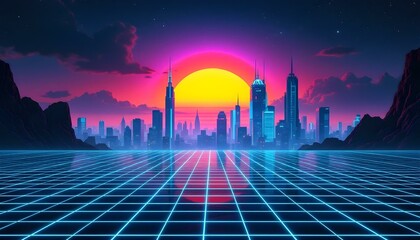 Poster - Retro background landscape 1980s style. Retro 80s sci-fi background city landscape. Futuristic background retro wave. Retro futuristic synth wave retro wave 80s styled night cityscape with a big sunse