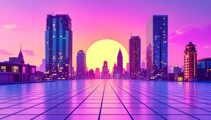 Poster - Retro background landscape 1980s style. Retro 80s sci-fi background city landscape. Futuristic background retro wave. Retro futuristic synth wave retro wave 80s styled night cityscape with a big sunse
