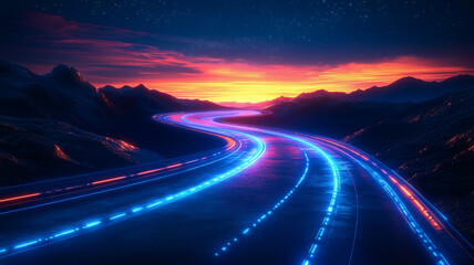 Poster - Road to Success: A winding road through a breathtaking mountain landscape, illuminated by streaks of vibrant blue and red light, symbolizes the journey towards dreams and aspirations.