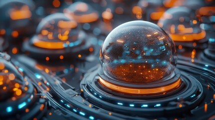 Poster - Futuristic Glowing Spherical Orb in Surreal Digital Landscape