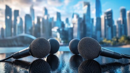 Poster - Cityscape Mic Reflections 3D Render of Microphones