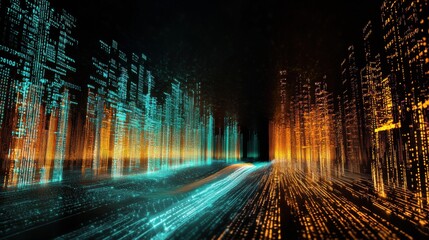 Poster - Futuristic Digital Cityscape with Flowing Data Streams and Glowing Neon Lights