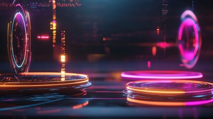 Poster - Mesmerizing Futuristic Glowing Geometric Shapes in Motion with Vibrant Neon Lights and Dynamic Fluid Textures