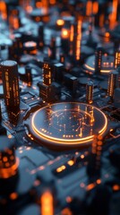 Poster - Illuminated Electronic Circuit Board with Metallic Microchips and Futuristic Connections