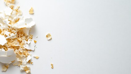 Poster - Crumbled Eggshells on a White Surface - A Minimalist Composition for Artistic or Culinary Use