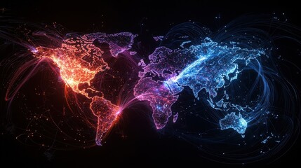 Poster - Glowing Global Network of Vibrant Continents and Countries Connecting the World