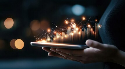 Poster - Smartphone glowing with digital sparks in hands showcasing innovation and technological progress