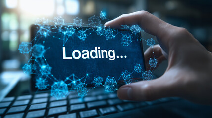 Poster - Loading... The Future: A hand holds a smartphone displaying 