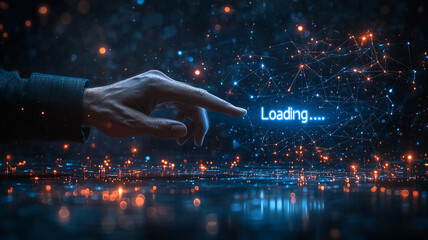 Poster - The Future is Loading: A hand reaches out towards a luminous 