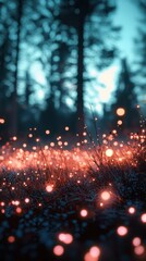 Poster - Enchanting Nighttime Forest Landscape with Glowing Lights and Bokeh Effects