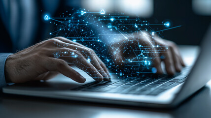 Poster - digital transformation: hands typing on a laptop with futuristic digital network connections emergin