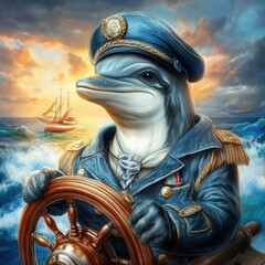 Aufkleber - Dolphin dressed as a ship captain steering a vessel in a colorful ocean setting. Generative AI