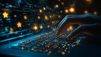 Poster - digital star rating: hand typing on laptop keyboard with glowing stars on screen, signifying online 