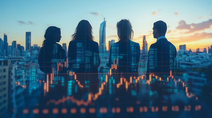 Poster - Cityscape Visionaries: Silhouetted business team overlooking a vibrant cityscape at sunset, overlaid with dynamic stock market data.  A powerful image representing ambition, growth.