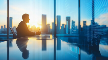 Poster - Strategic Vision: Businessman Silhouetted Against City Skyline