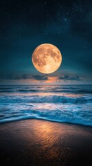 Wall Mural - Mesmerizing Full Moon Rising Over Serene Ocean Waves on Tranquil Beach at Dusk