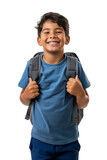 Hispanic boy wearing a blue t-shirt and school backpack isolated on transparent background. 